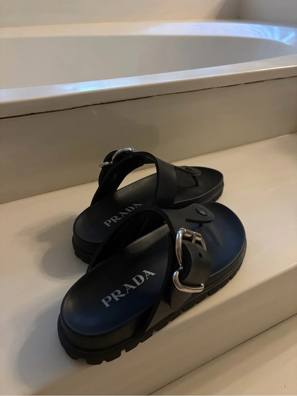 Prada | Shoes | Prada Black Leather Buckle Slide Sandals | Poshmark